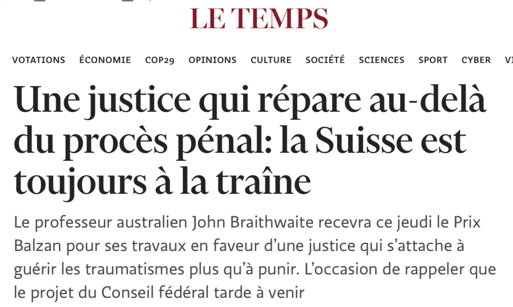 Article du journal Le Temps sur la place de la justice restaurative en Suisse